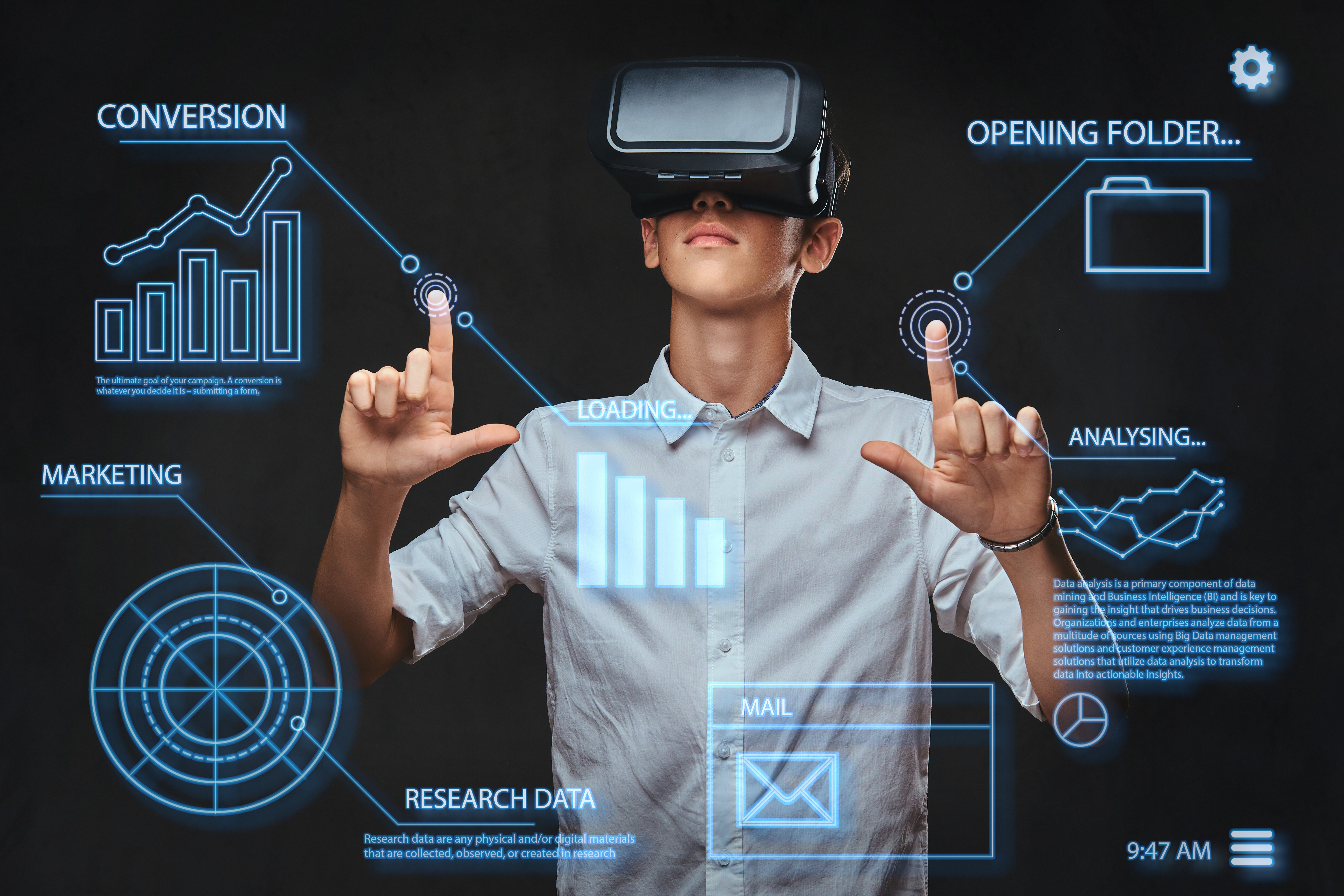 Teenager using virtual reality glasses with graph charts, numbers, lines.